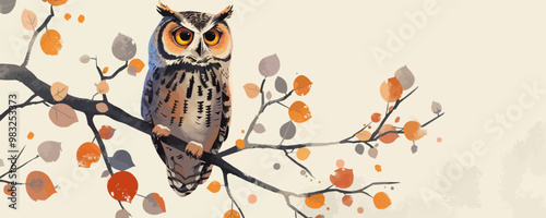 A wise old owl perched on a branch of a tree, its eyes gleaming in the moonlight, symbolizing knowledge and wisdom on a white background. Vector flat minimalistic isolated illustration.