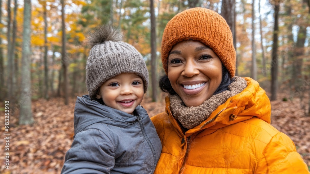 A mother shares a cheerful moment with her young child while enjoying a cool autumn day in the woods A mother shares a cheerful moment with her young child while enjoying a cool autumn day in the woods