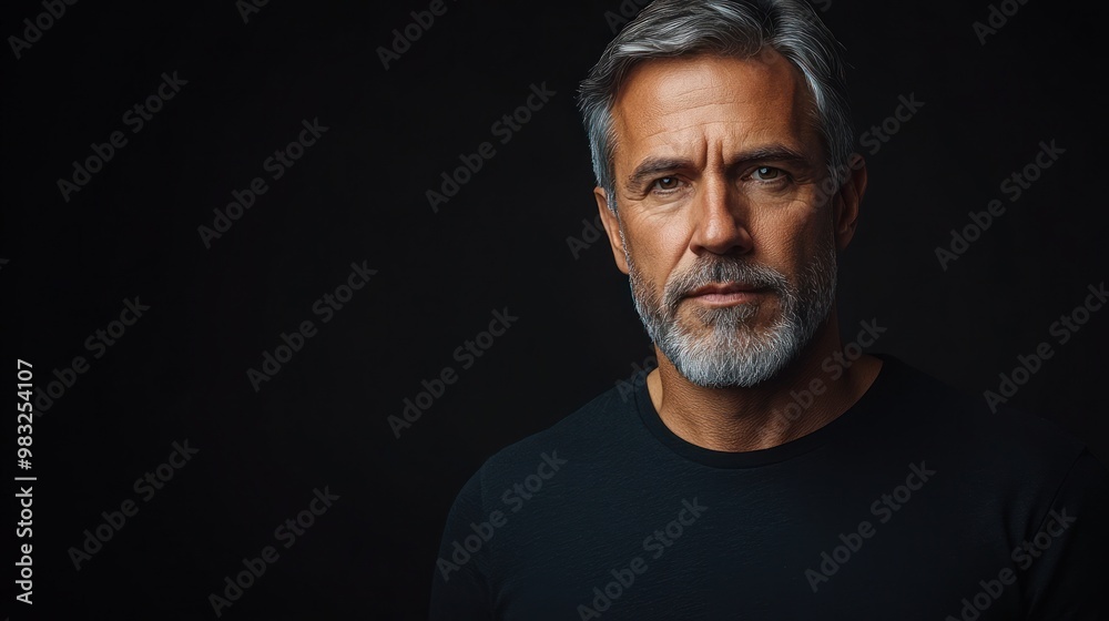 Naklejka premium The mature man, with a gray beard, gazes thoughtfully while dressed in a simple black shirt