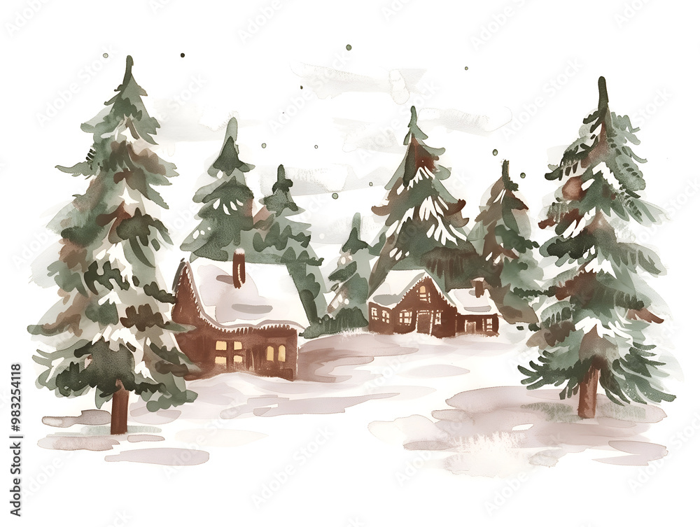 Fototapeta premium A tranquil watercolor winter landscape featuring cozy cabins surrounded by snow-covered trees