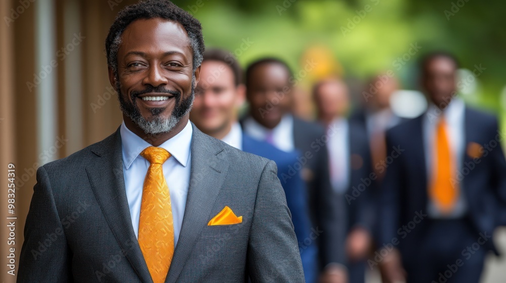 Men in suits stroll down a vibrant city street, exuding confidence and professionalism on a sunny day Men in suits stroll down a vibrant city street, exuding confidence and professionalism on a sunny day