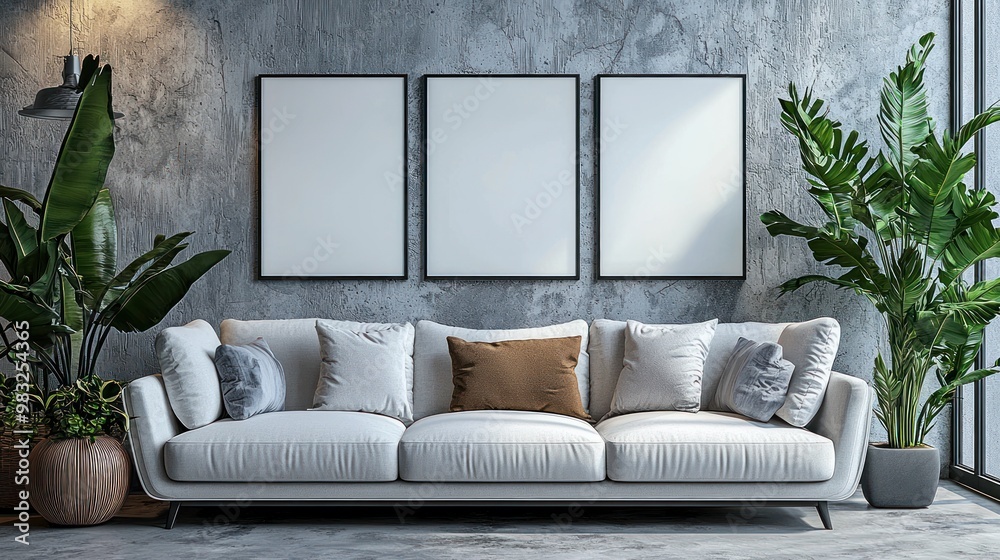 A modern living room with a light gray sofa, plush pillows, and vibrant plants for a cozy vibe A modern living room with a light gray sofa, plush pillows, and vibrant plants for a cozy vibe