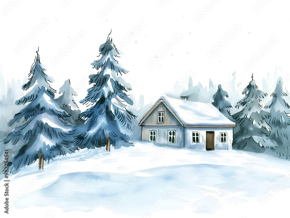 Charming winter landscape with a cozy cabin surrounded by snow-covered pine trees Charming winter landscape with a cozy cabin surrounded by snow-covered pine trees