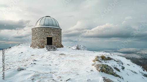 A stone-built observatory atop a snowy mountain, its dome closed against the winter sky, a beacon of science enduring through the harsh weather