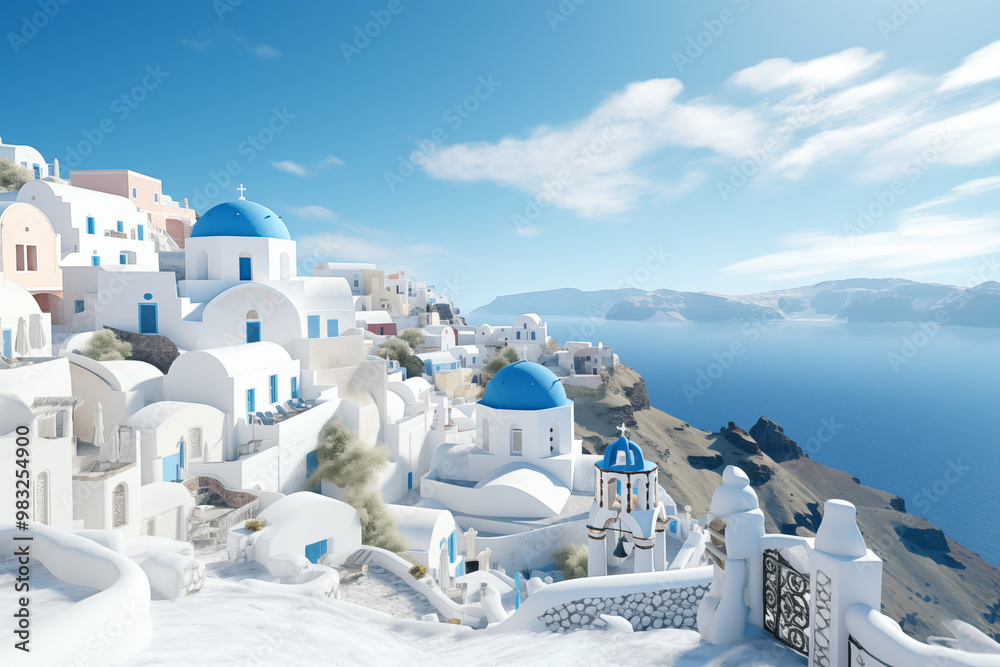 Fototapeta premium Santorini, island of Greece. Travel in Greece. Topics of Greece. Architecture Greece. View in Santorini.