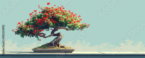 Bonsai tree meticulously pruned in a serene garden. Vector flat minimalistic isolated illustration.