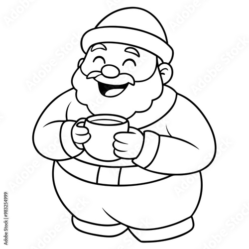 coloring pages for kids, bold line art, Santa Claus laughing with his belly jiggling, holding a mug of hot cocoa.