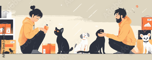Volunteers helping homeless animals in a shelter. Vector flat minimalistic isolated illustration.