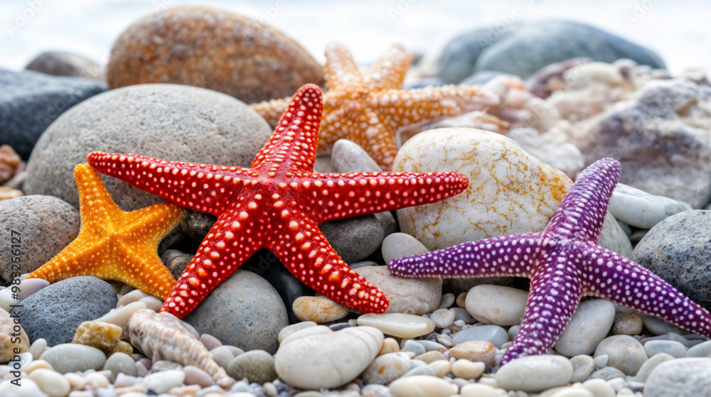 A stunning arrangement of starfish in various colors rests atop smooth stones at a beach, illuminated by warm sunset hues A stunning arrangement of starfish in various colors rests atop smooth stones at a beach, illuminated by warm sunset hues