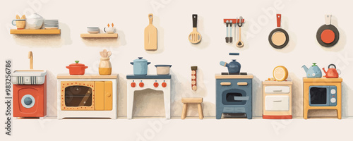 Toy kitchen set on a white background. Vector flat minimalistic isolated illustration.