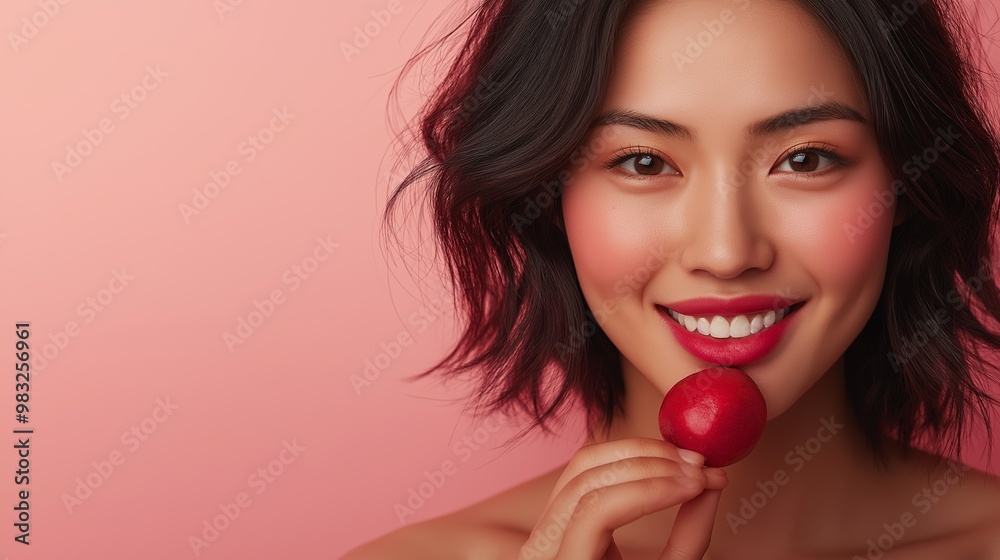 A late-50s Asian woman with shoulder-length black hair smiles gently while holding a nectarine against a soft pink background A late-50s Asian woman with shoulder-length black hair smiles gently while holding a nectarine against a soft pink background