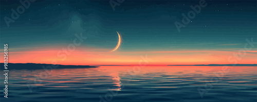 Crescent moon casting a soft glow on a tranquil scene. Vector flat minimalistic isolated illustration.