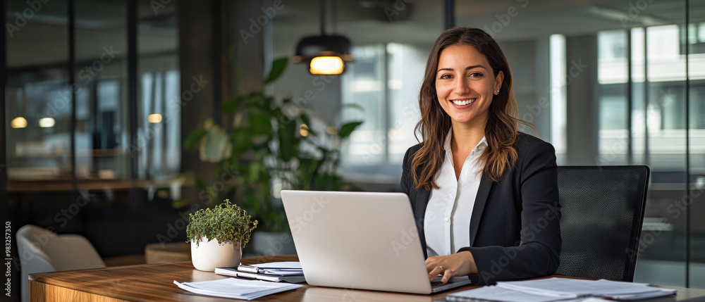 Middle age European business woman CEO using laptop application for work at table workspace in office. Smiling Latin Hispanic mature adult professional businesswoman using pc digital computer. Banner