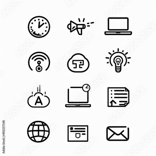 Professional And Minimalist Icons, Digital Marketing, Line art, flat, 2d, black and white, white background stylize 50