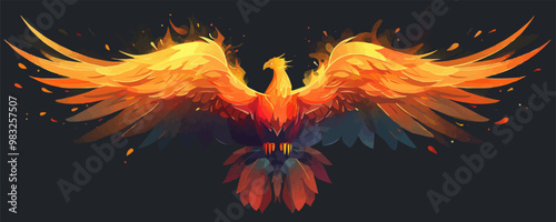 A majestic phoenix rising from the flames with outstretched wings. Vector flat minimalistic isolated illustration.