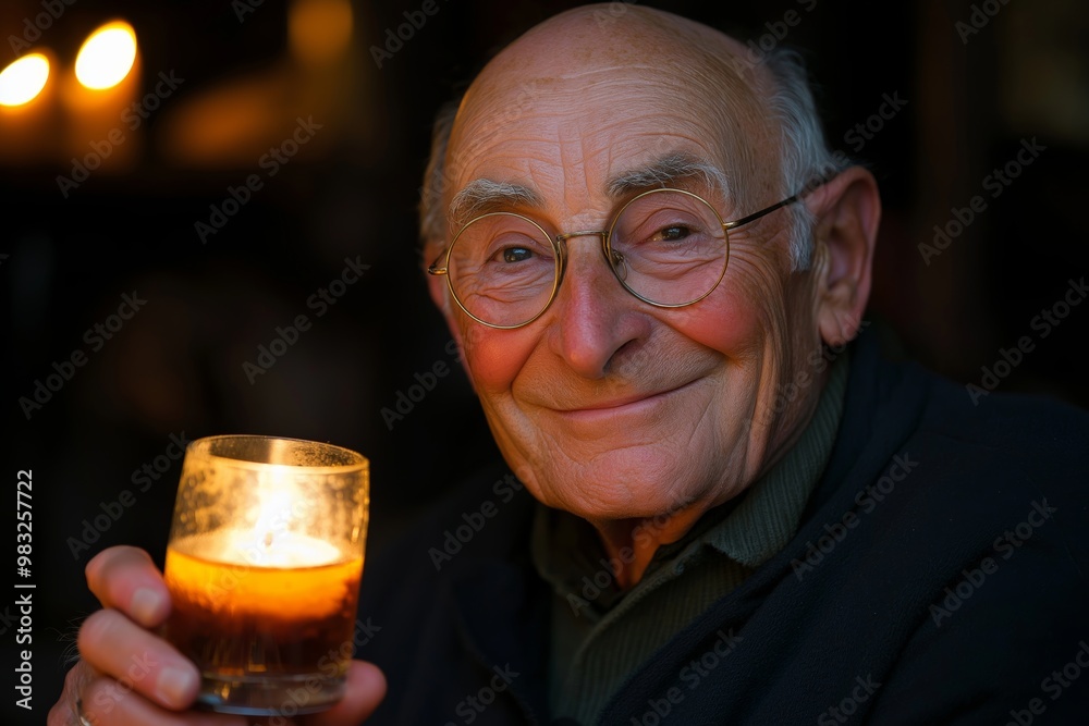 Close-up of a refined elderly man with round glasses, illuminated by candlelight, holding a glass of whiskey and smiling warmly Close-up of a refined elderly man with round glasses, illuminated by candlelight, holding a glass of whiskey and smiling warmly
