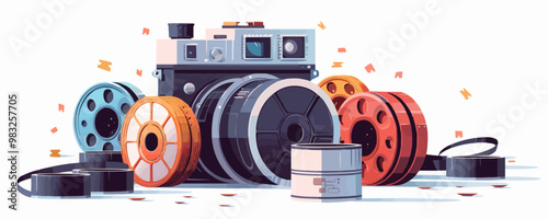 Vintage film camera and rolls of movie film on a white background. Vector flat isolated illustration.