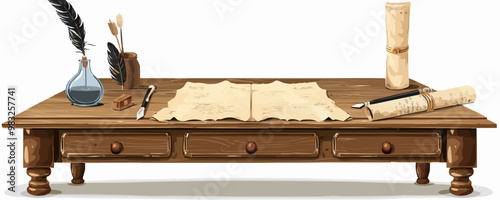 Writing desk with quill pen and parchment paper on a white background. Vector flat isolated illustration.