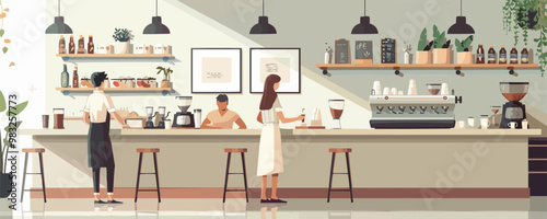 Modern coffee shop interior with barista and customers Vector flat minimalistic isolated illustration
