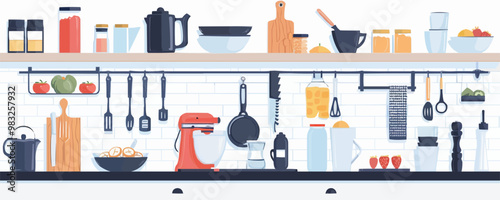 Modern kitchen gadgets and utensils for food preparation on a white background. Vector flat isolated illustration.