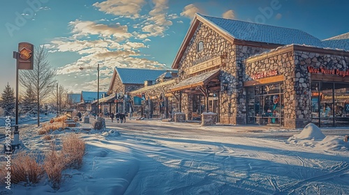 A stone-clad shopping center on a cold winter day, its sturdy and insulated structure bustling with warmth and activity amidst the chilly air photo