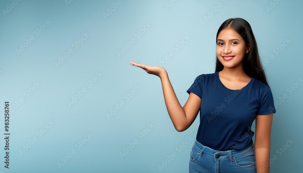 Nepali Beautiful Girl Pointing Hand with Copy Space for Showcasing Products and Text Nepali Beautiful Girl Pointing Hand with Copy Space for Showcasing Products and Text
