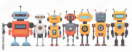 Toy robots on a white background. Vector flat minimalistic isolated illustration.