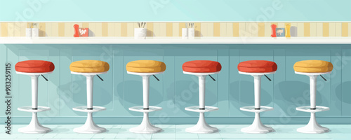 Retro diner counter with swivel stools Vector flat minimalistic isolated illustration