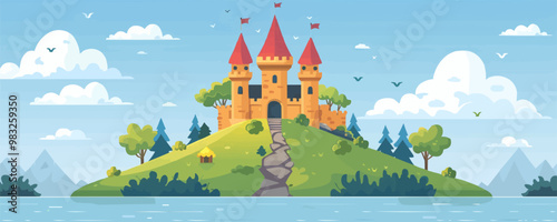 Fairytale castle on a hilltop Vector flat minimalistic isolated illustration