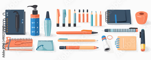 Stationery supplies on a plain white backdrop. Vector flat isolated illustration.