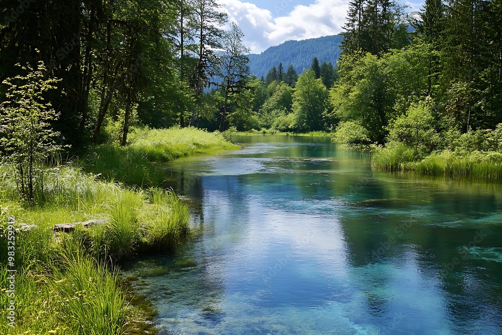 Tranquil blue river in a lush green forest. Nature, serenity, tranquility, and beauty. Tranquil blue river in a lush green forest. Nature, serenity, tranquility, and beauty.
