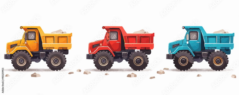 Toy dump trucks on a white background. Vector flat minimalistic isolated illustration. Toy dump trucks on a white background. Vector flat minimalistic isolated illustration.
