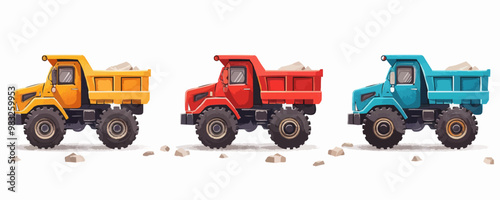 Toy dump trucks on a white background. Vector flat minimalistic isolated illustration.
