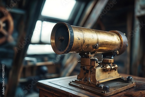 Antique Brass Telescope on Wooden Stand, Vintage Nautical Instrument photo