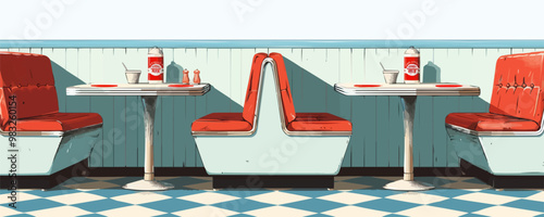 Retro diner booth with checkered tablecloth Vector flat minimalistic isolated illustration