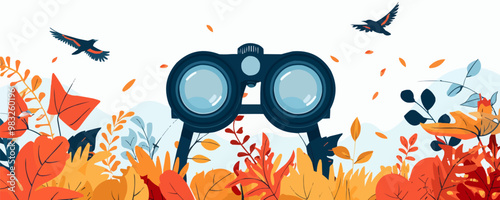 A pair of binoculars, their lenses magnifying the wonders of nature, inviting birdwatching and wildlife observation, depicted on a pristine. Vector flat minimalistic isolated illustration.