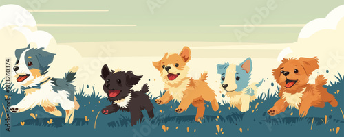 A group of playful puppies chasing each other in a field. Vector flat minimalistic isolated illustration.