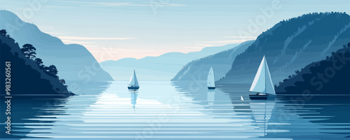 A tranquil coastal inlet with sailboats gliding across the calm waters. Vector flat minimalistic isolated illustration.