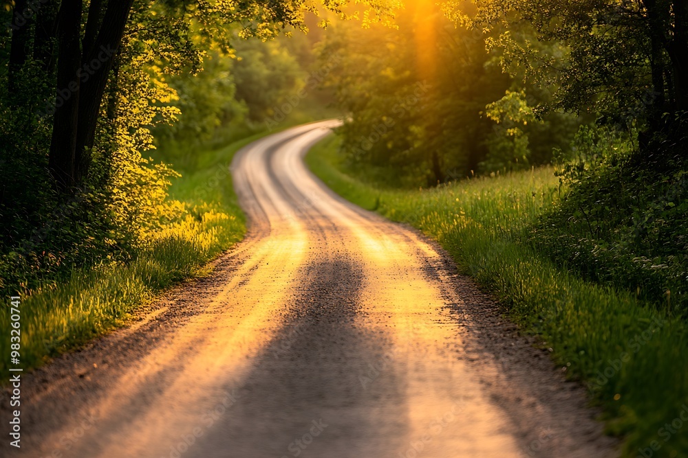 Sun shining through trees on a dirt road leading through a green forest Sun shining through trees on a dirt road leading through a green forest