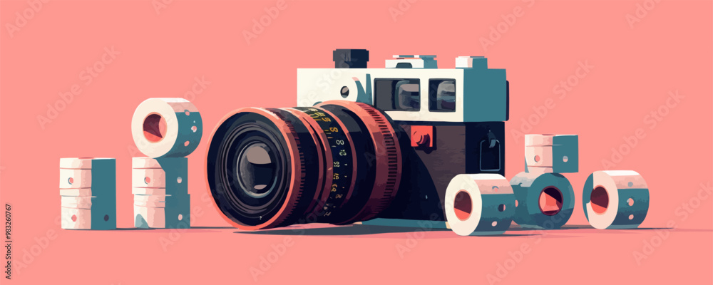 Obraz premium Vintage film camera and rolls of film on a white tabletop. Vector flat isolated illustration.
