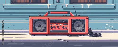 Retro boombox playing music on a street corner Vector flat minimalistic isolated illustration