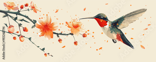 Hummingbird hovering near a blooming flower. Vector flat minimalistic isolated illustration.