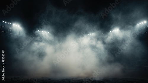 Intense bright stadium lights piercing through misty smoke  dramatic and high contrast 