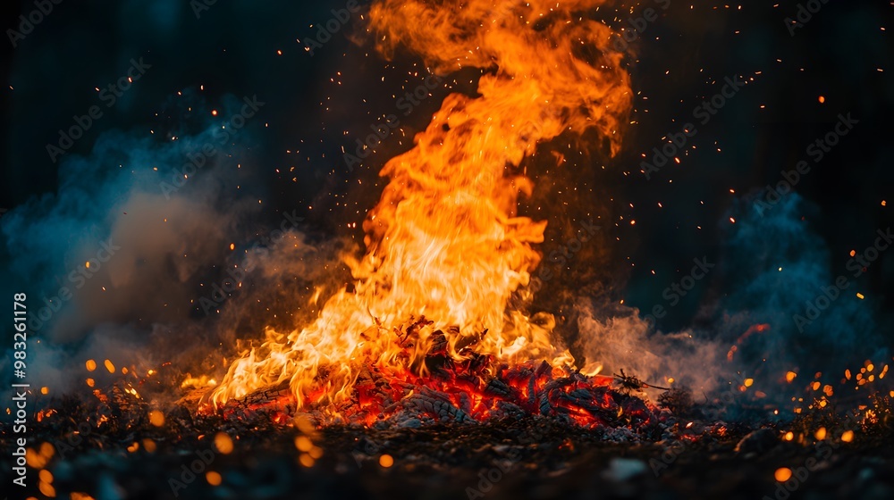 A detailed shot of a campfire burning with bright flames, glowing embers, and sparks flying into the night air. A detailed shot of a campfire burning with bright flames, glowing embers, and sparks flying into the night air.
