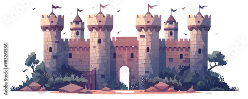 Medieval castle with turrets and battlements Vector flat minimalistic isolated illustration