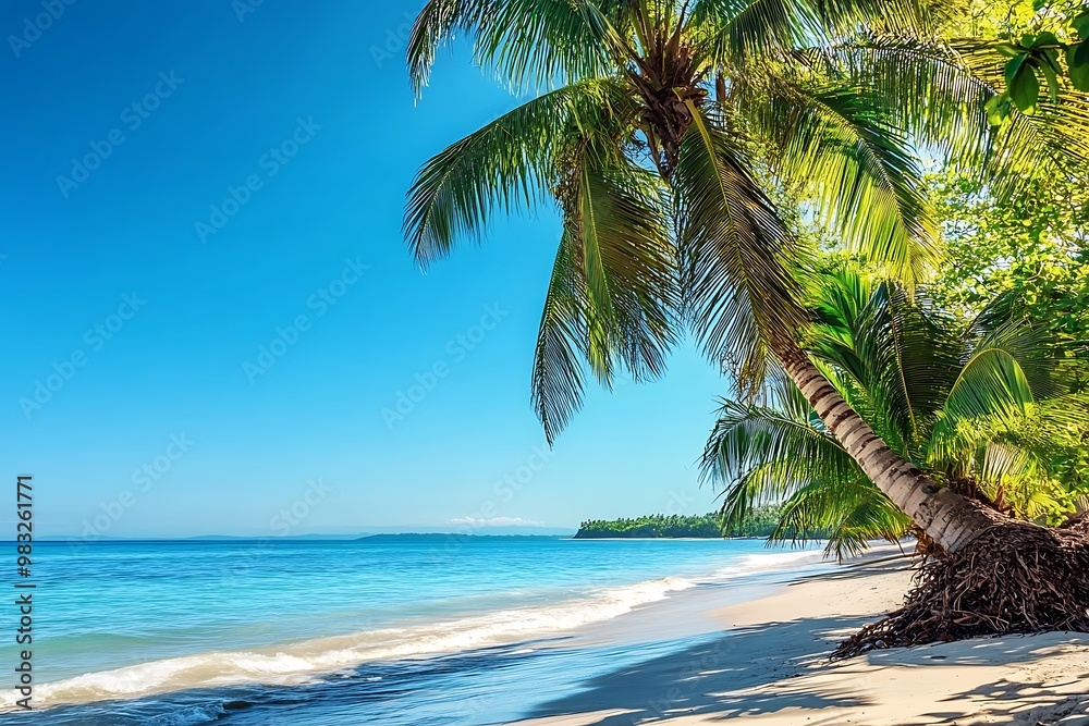 Fototapeta premium Tropical beach with palm tree and clear blue water on sunny day