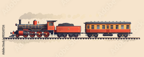 Nostalgic model train with locomotive, cars, and tracks Vector flat minimalistic isolated illustration