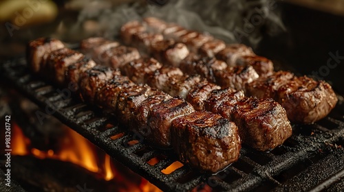 Grilled Meat Skewers on a Hot BBQ Grill