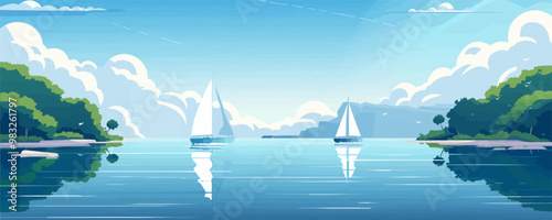 A tranquil coastal inlet with sailboats gliding across the calm waters. Vector flat minimalistic isolated illustration.