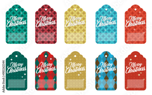 Christmas labels with color variations and editable vector style. See more on our profile.